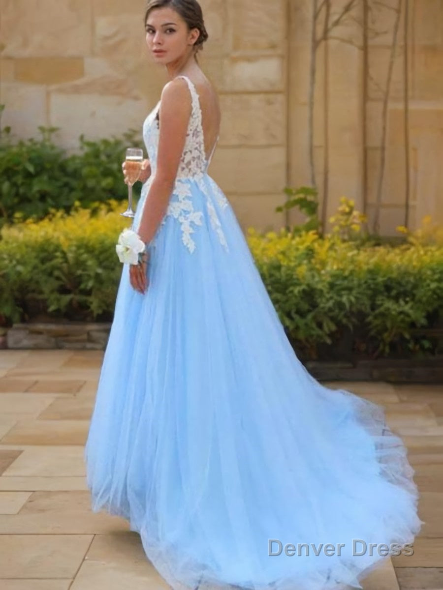 A Line V Neck Sweep Train Tulle Prom Dresses With Appliques Lace Secondary image