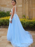 A Line V Neck Sweep Train Tulle Prom Dresses With Appliques Lace