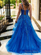 A Line V Neck Sweep Train Tulle Prom Dresses With Appliques Lace