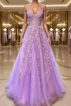 A Line V Neck Sweep Train Tulle Prom Dresses With Appliques Lace