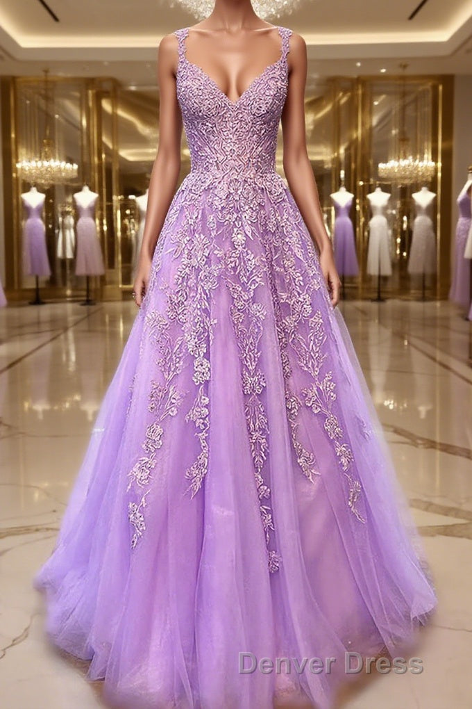 A Line V Neck Sweep Train Tulle Prom Dresses With Appliques Lace