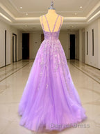 A Line V Neck Sweep Train Tulle Prom Dresses With Appliques Lace