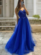 A Line V Neck Sweep Train Tulle Prom Dresses With Appliques Lace