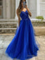 A Line V Neck Sweep Train Tulle Prom Dresses With Appliques Lace