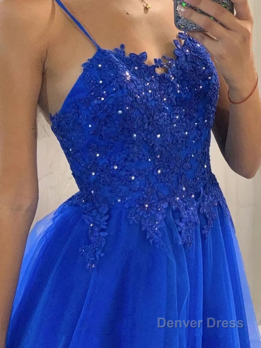 A Line V Neck Sweep Train Tulle Prom Dresses With Appliques Lace Secondary image