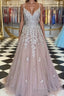 A Line V Neck Sweep Train Tulle Prom Dresses With Appliques Lace