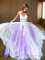 A Line V Neck Sweep Train Tulle Prom Dresses With Appliques Lace