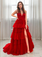 A Line V Neck Sweep Train Tulle Prom Dresses With Leg Slit