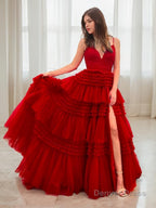 A Line V Neck Sweep Train Tulle Prom Dresses With Leg Slit