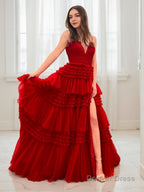 A Line V Neck Sweep Train Tulle Prom Dresses With Leg Slit