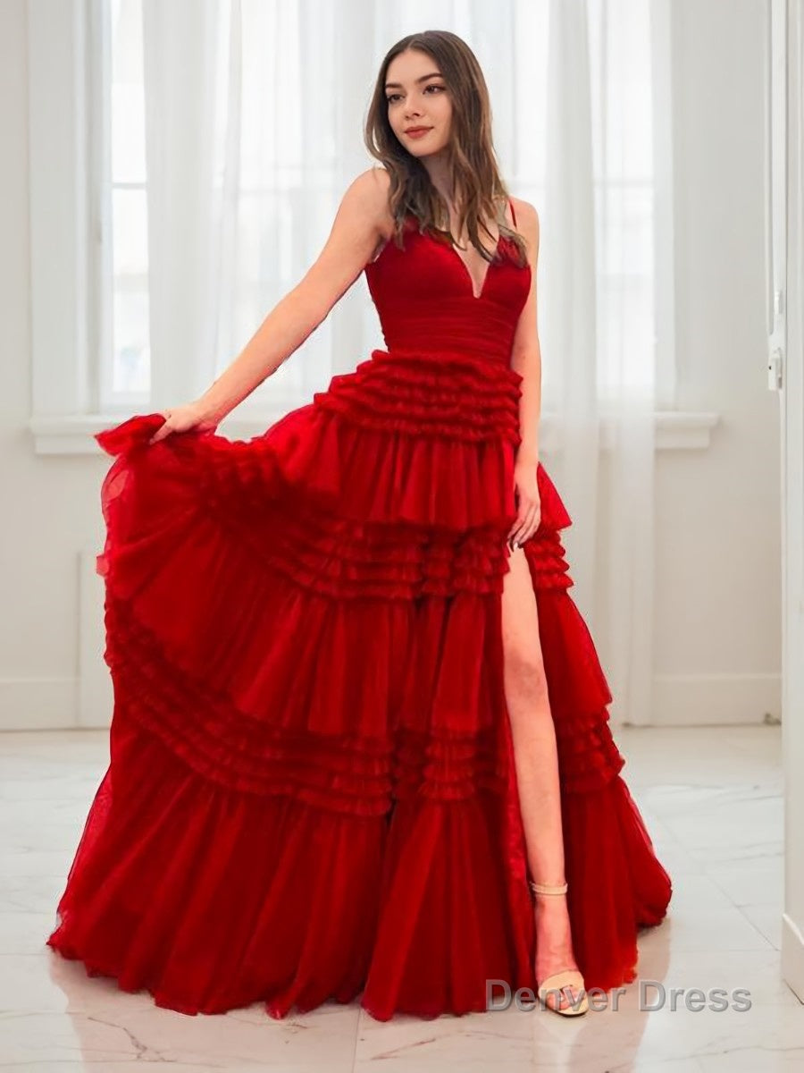 A Line V Neck Sweep Train Tulle Prom Dresses With Leg Slit