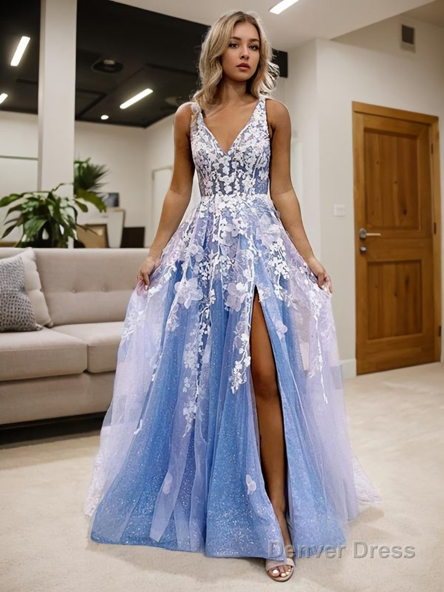 A Line V Neck Sweep Train Tulle Prom Dresses With Leg Slit Main image