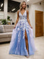 A Line V Neck Sweep Train Tulle Prom Dresses With Leg Slit