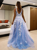 A Line V Neck Sweep Train Tulle Prom Dresses With Leg Slit