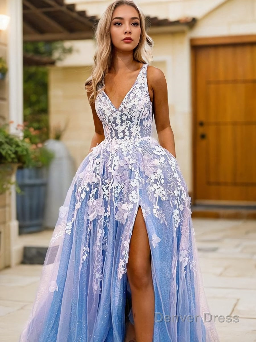 A Line V Neck Sweep Train Tulle Prom Dresses With Leg Slit