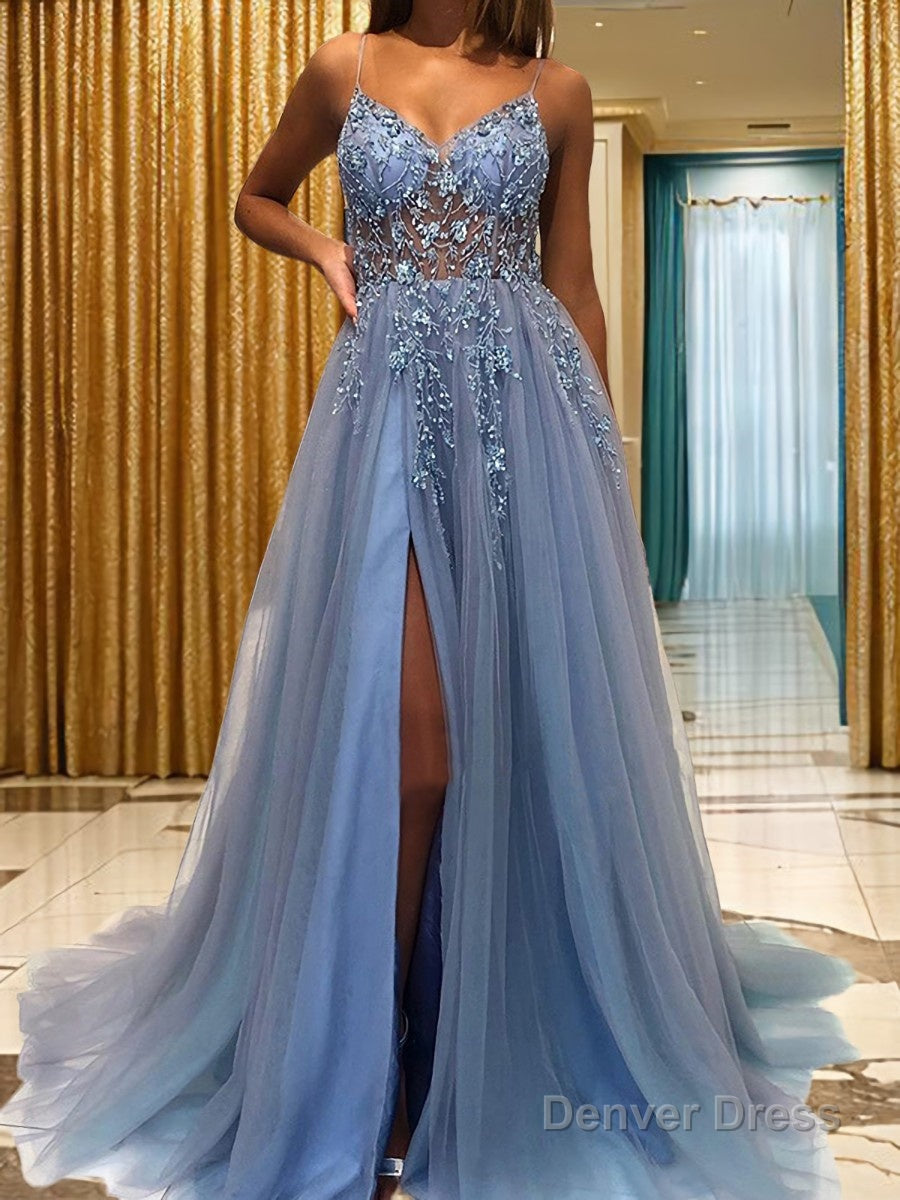 A Line V Neck Sweep Train Tulle Prom Dresses With Leg Slit Main image