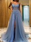 A Line V Neck Sweep Train Tulle Prom Dresses With Leg Slit