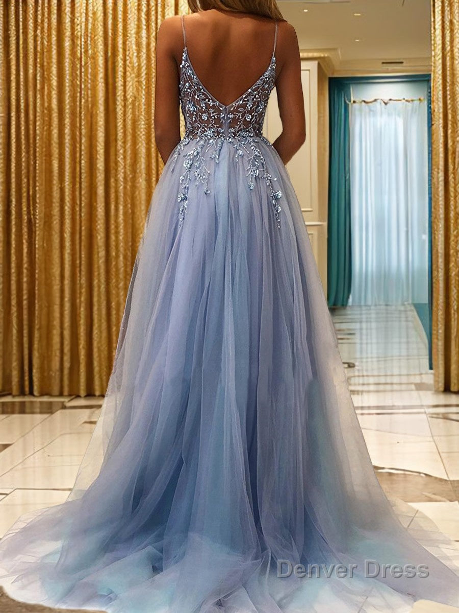 A Line V Neck Sweep Train Tulle Prom Dresses With Leg Slit