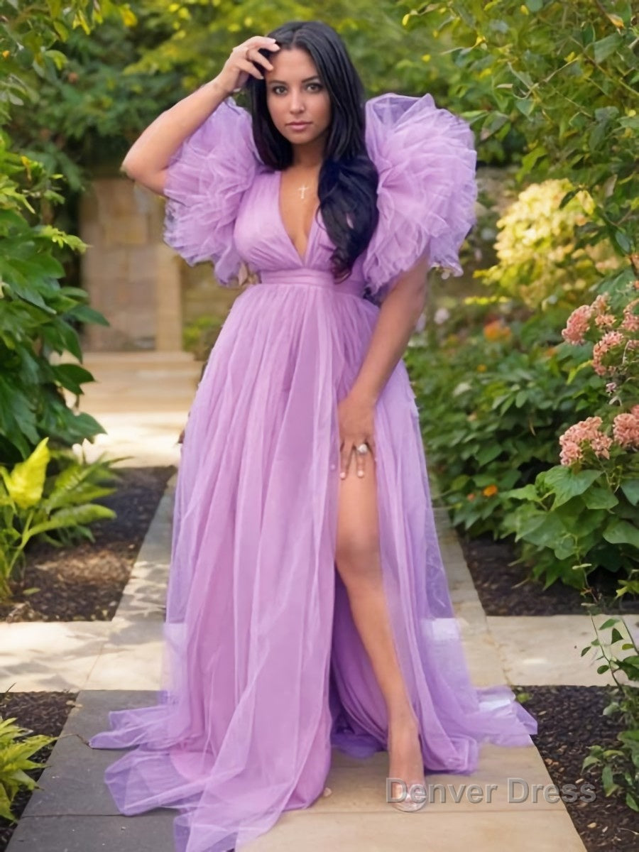 A Line V Neck Sweep Train Tulle Prom Dresses With Leg Slit