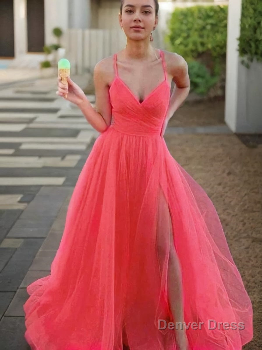 A Line V Neck Sweep Train Tulle Prom Dresses With Leg Slit Main image