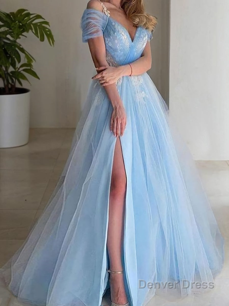 A Line V Neck Sweep Train Tulle Prom Dresses With Leg Slit Main image