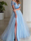 A Line V Neck Sweep Train Tulle Prom Dresses With Leg Slit