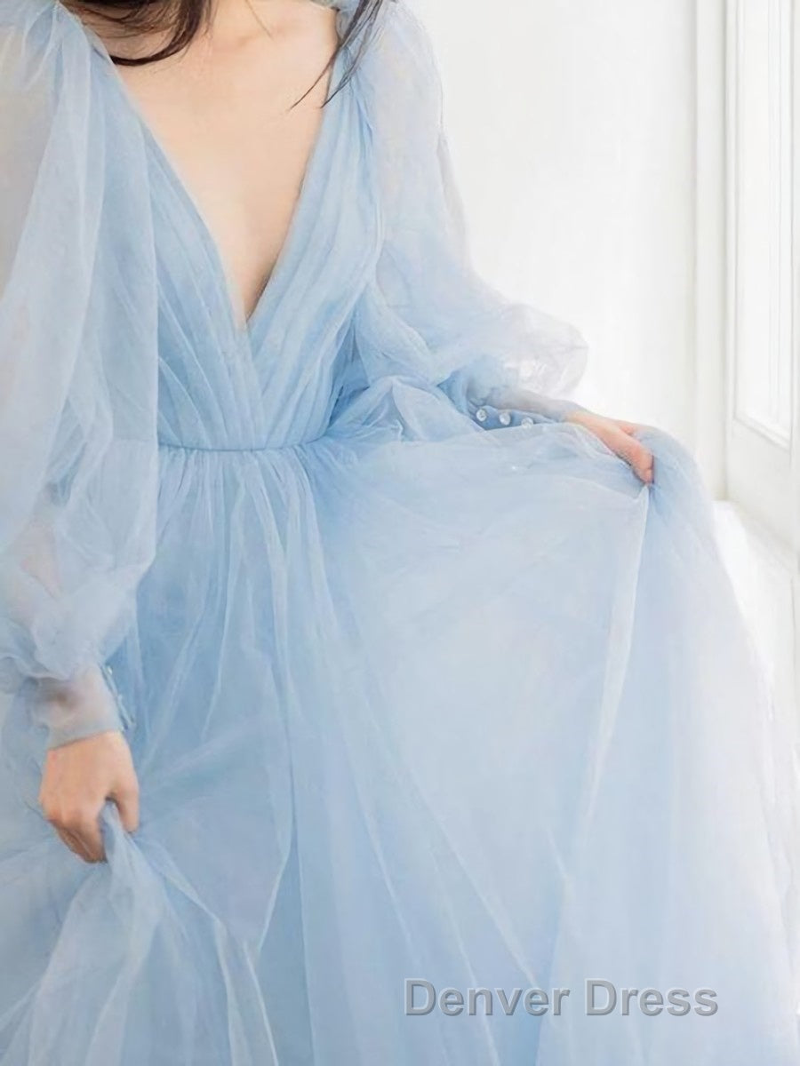 A Line V Neck Sweep Train Tulle Prom Dresses With Ruffles Secondary image