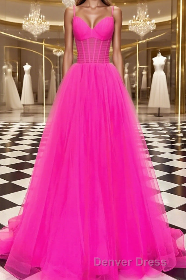 A Line V Neck Sweep Train Tulle Prom Dresses With Ruffles Main image