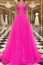 A Line V Neck Sweep Train Tulle Prom Dresses With Ruffles