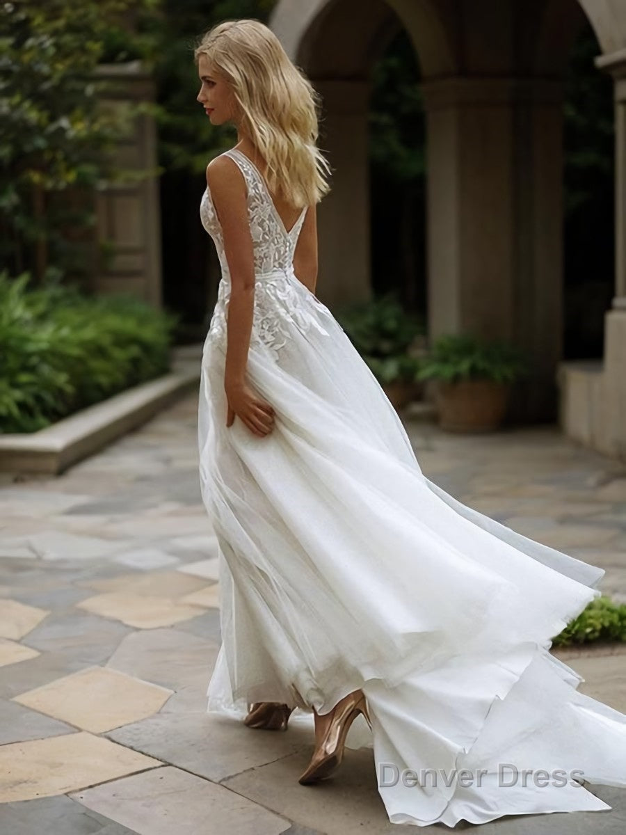 A Line V Neck Sweep Train Tulle Wedding Dresses Secondary image