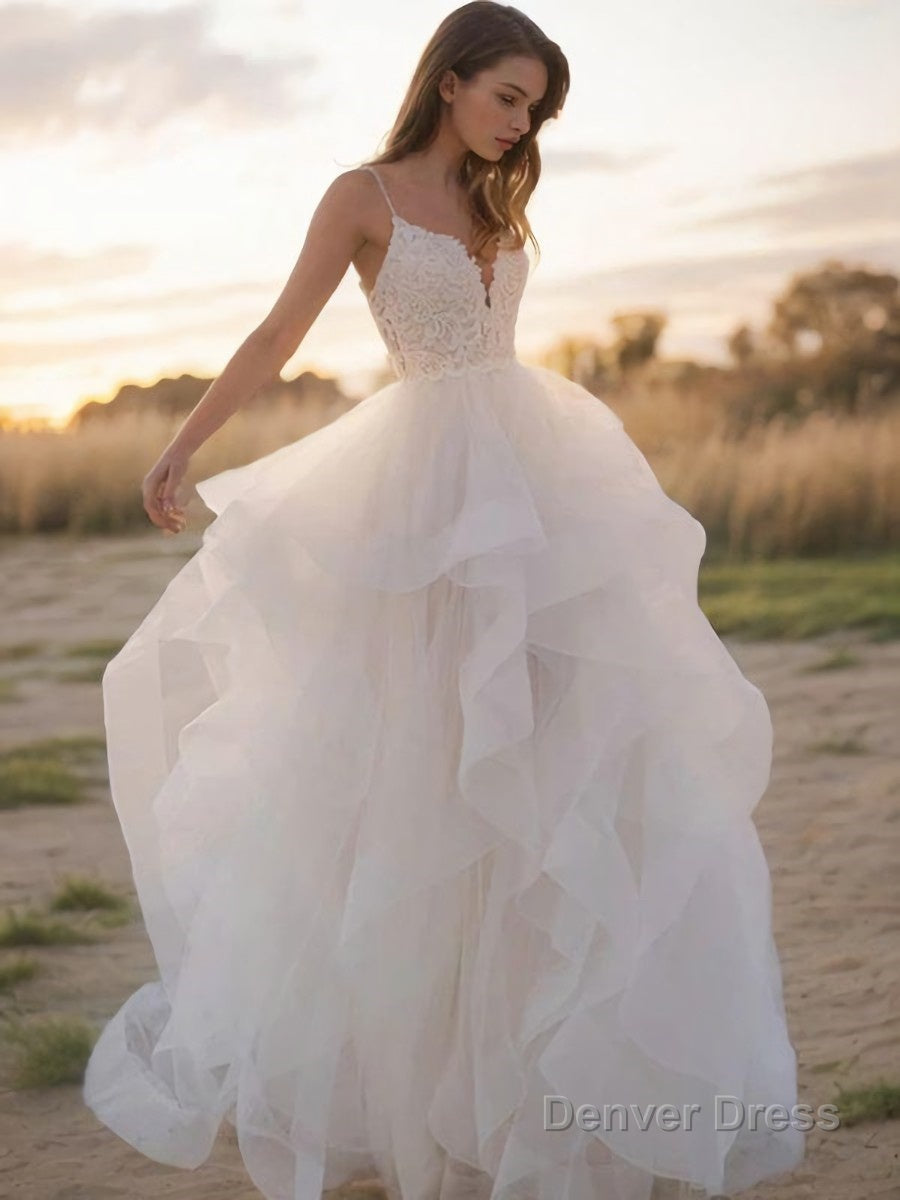 A Line V Neck Sweep Train Tulle Wedding Dresses Main image
