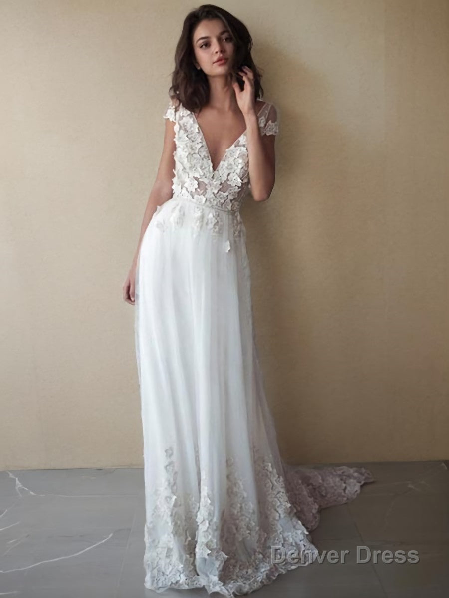 A Line V Neck Sweep Train Tulle Wedding Dresses With Appliques Lace Main image