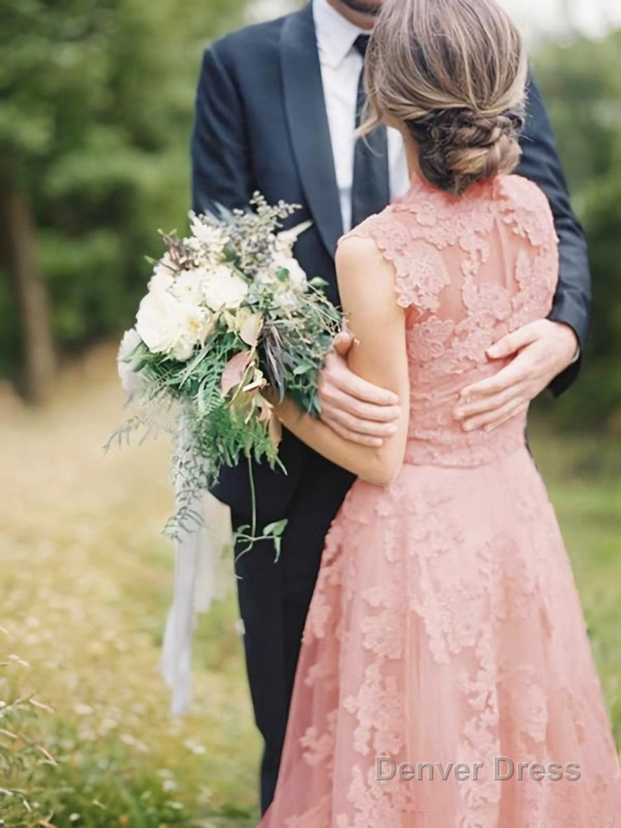 A-Line/Princess V-neck Sweep Train Tulle Wedding Dresses With Appliques Lace Secondary image