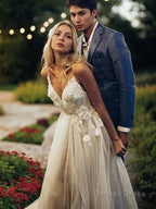 A Line V Neck Sweep Train Tulle Wedding Dresses With Appliques Lace
