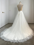 A Line V Neck Sweep Train Tulle Wedding Dresses With Appliques Lace