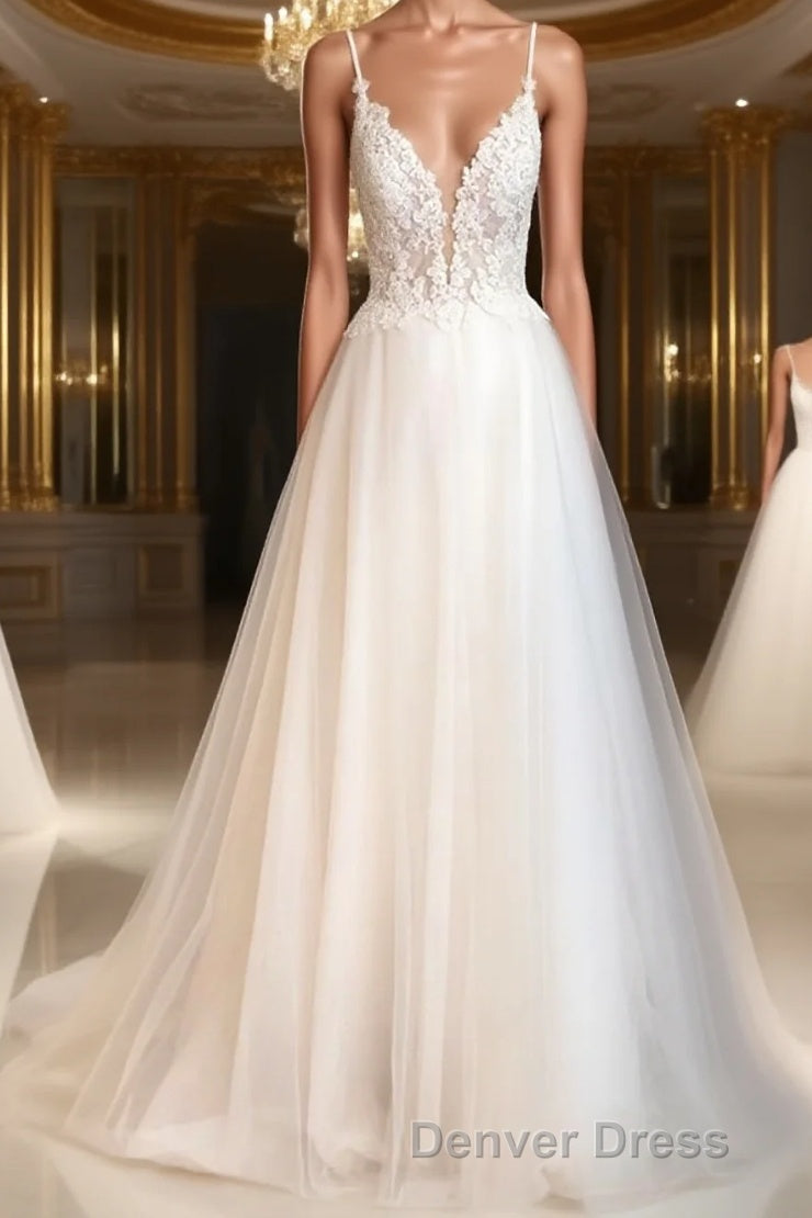 A Line V Neck Sweep Train Tulle Wedding Dresses With Appliques Lace Main image