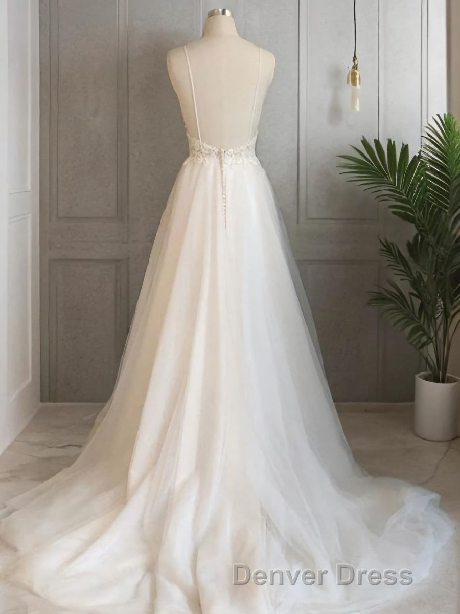 A Line V Neck Sweep Train Tulle Wedding Dresses With Appliques Lace Secondary image