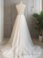 A Line V Neck Sweep Train Tulle Wedding Dresses With Appliques Lace