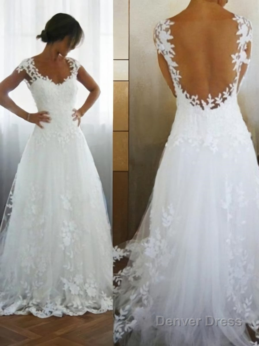 A-Line/Princess V-neck Sweep Train Tulle Wedding Dresses With Appliques Lace Main image