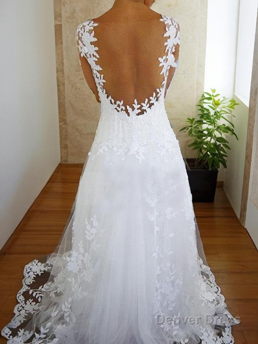 A Line V Neck Sweep Train Tulle Wedding Dresses With Appliques Lace Secondary image
