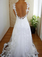 A Line V Neck Sweep Train Tulle Wedding Dresses With Appliques Lace