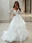 A Line V Neck Sweep Train Tulle Wedding Dresses With Appliques Lace