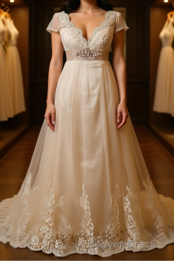 A-Line/Princess V-neck Sweep Train Tulle Wedding Dresses With Beading Main image