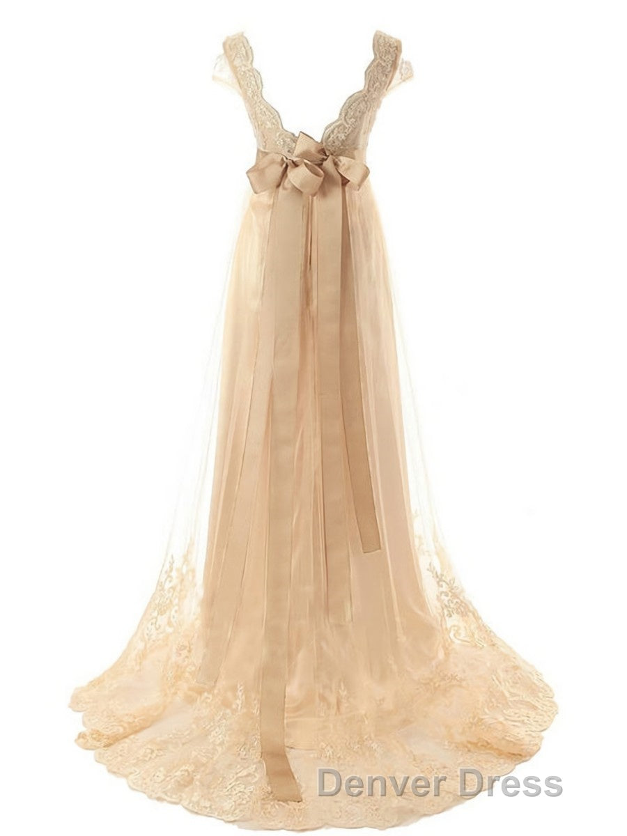 A-Line/Princess V-neck Sweep Train Tulle Wedding Dresses With Beading