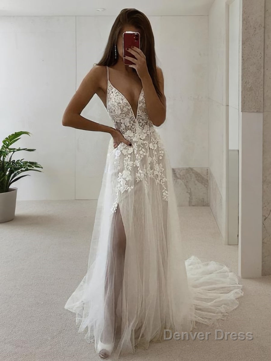 A-Line/Princess V-neck Court Train Tulle Wedding Dresses With Leg Slit Main image
