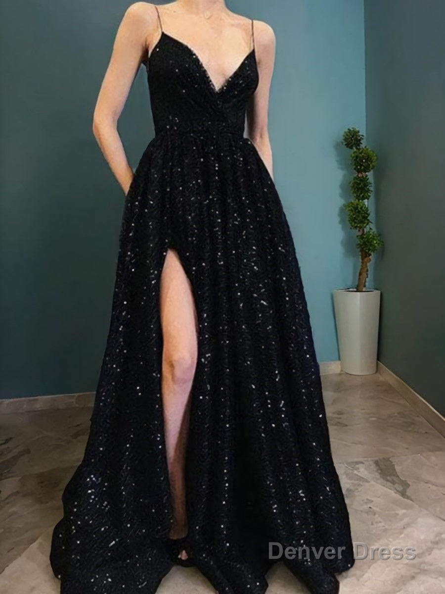 A Line V Neck Sweep Train Velvet Sequins Prom Dresses With Leg Slit