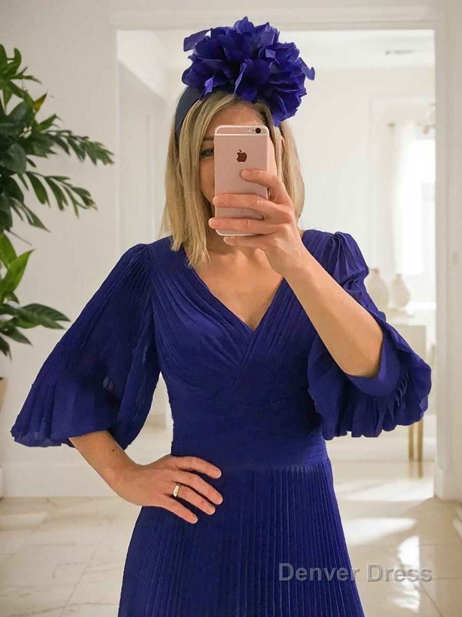 A Line V Neck Tea Length Chiffon Mother of the Bride Dresses With Ruffles