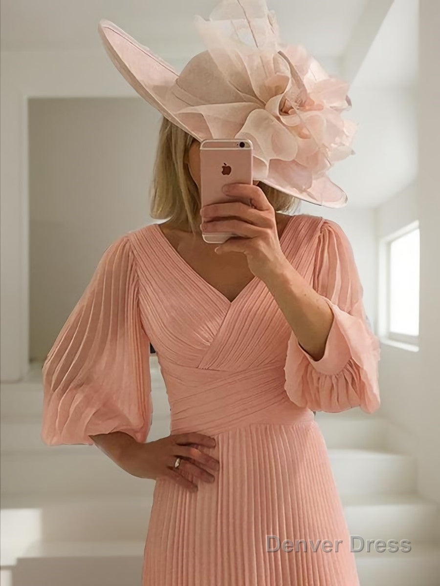 A Line V Neck Tea Length Chiffon Mother of the Bride Dresses With Ruffles