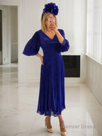 A Line V Neck Tea Length Chiffon Mother of the Bride Dresses With Ruffles