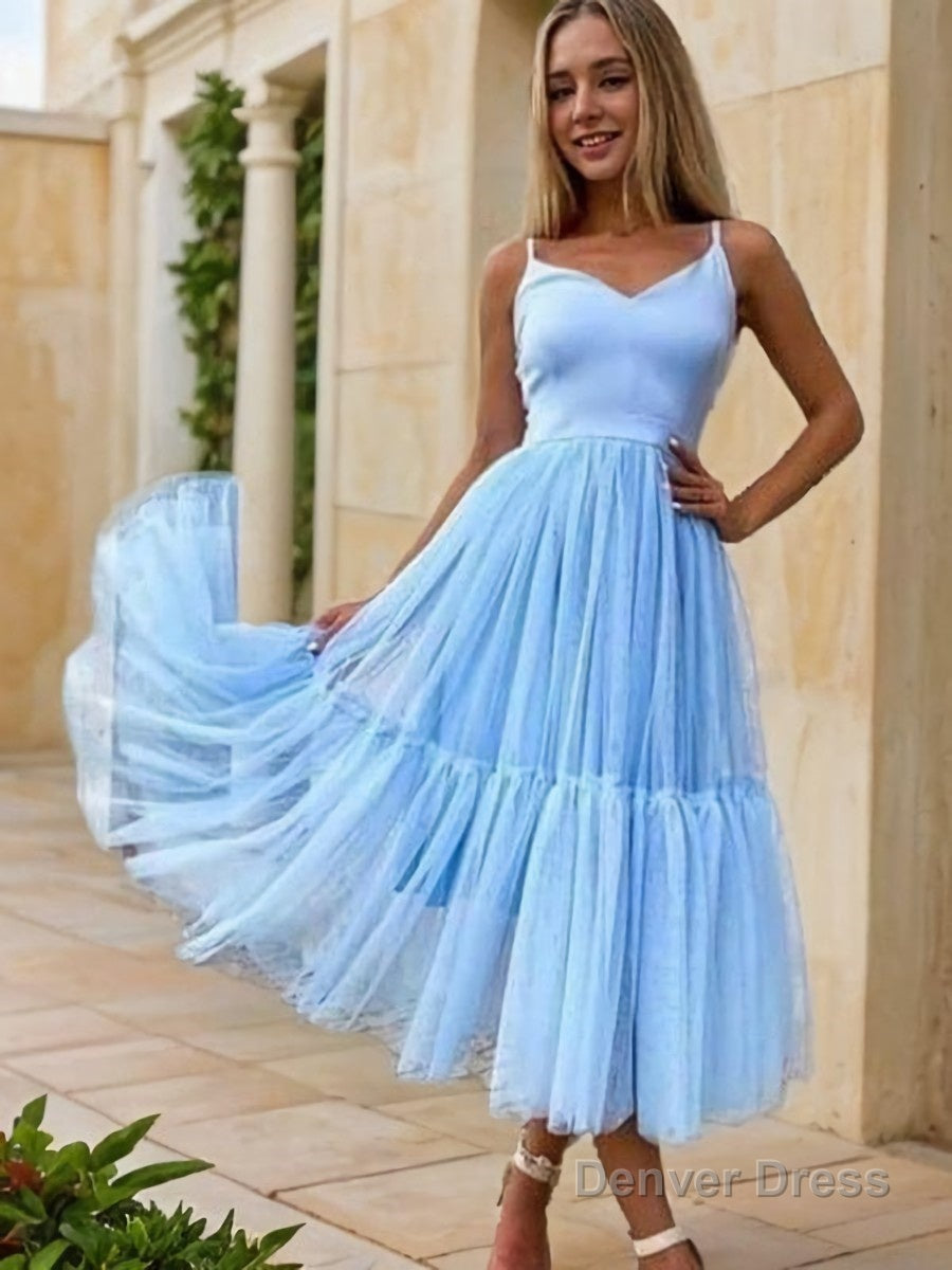 A Line V Neck Tea Length Tulle Homecoming Dresses With Pleated Main image